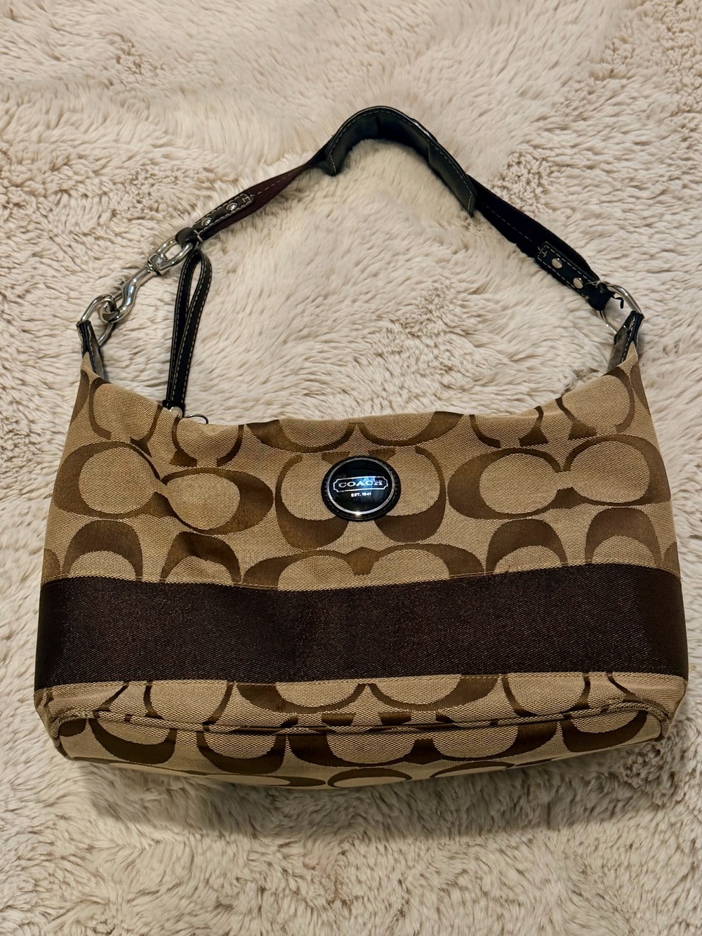 CERTIFIED COACH. Women's Signature Stripe Hobo Brown Canvas Shoulder bag